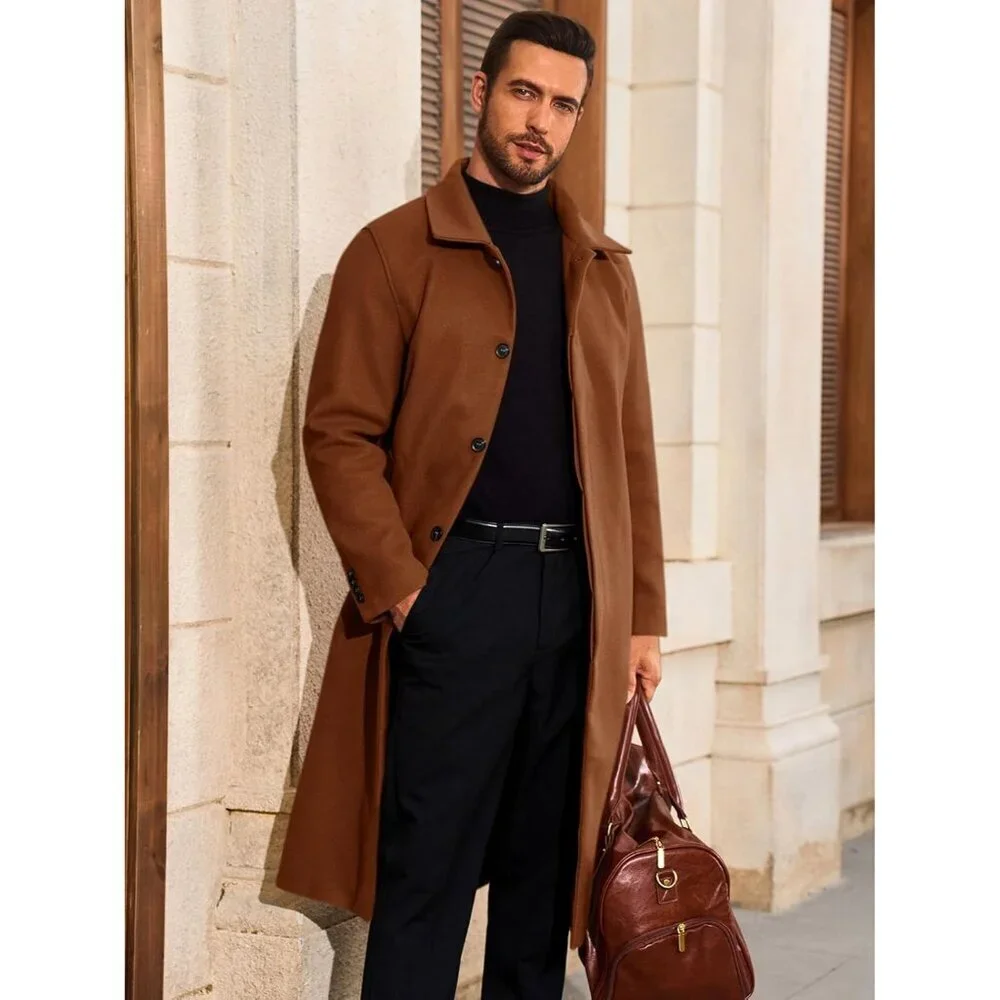 Men's Brown Long Trench Coat Single Breasted Casual Winter Warm Pea Coat